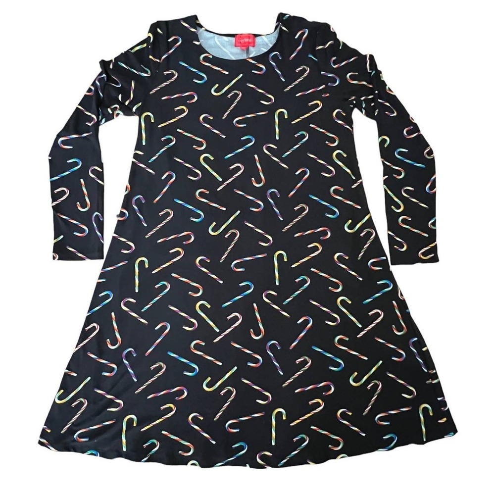 Joyland Candy Cane Dress Womens M Black Rainbow Festive Long Sleeve Swing Xmas